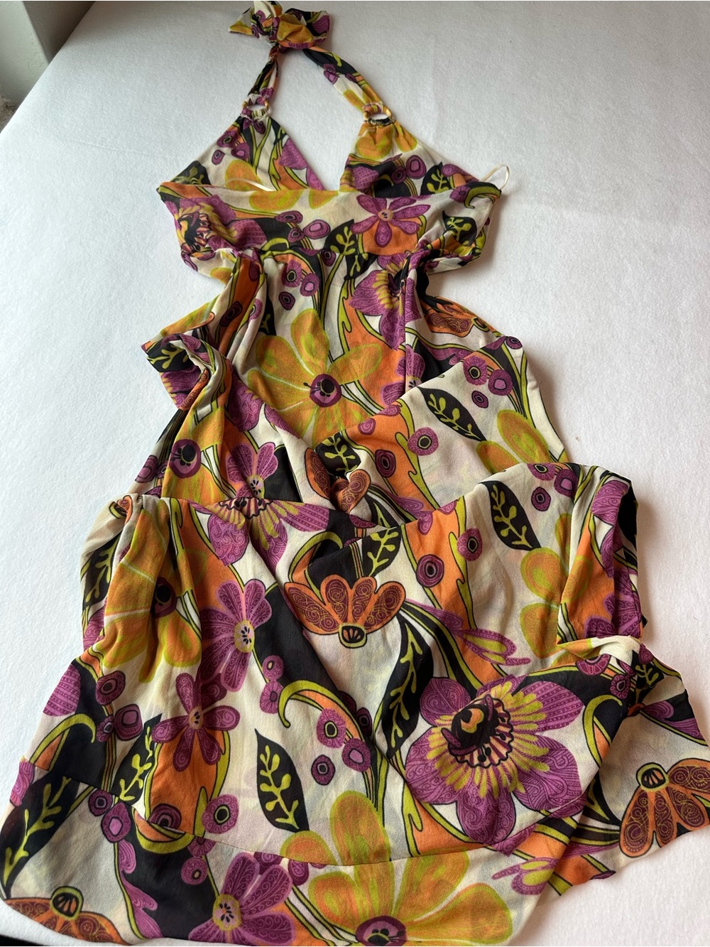 VTG Y2K Sheer Mesh Halter Maxi Dress 70s Retro Psychedelic Floral Boho